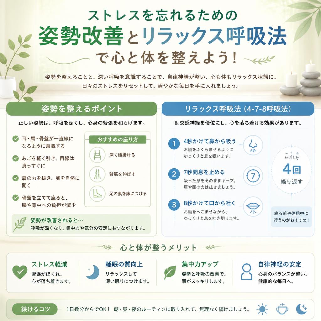 ストレスを忘れるための姿勢改善とリラックス呼吸法で心と体を整えよう！